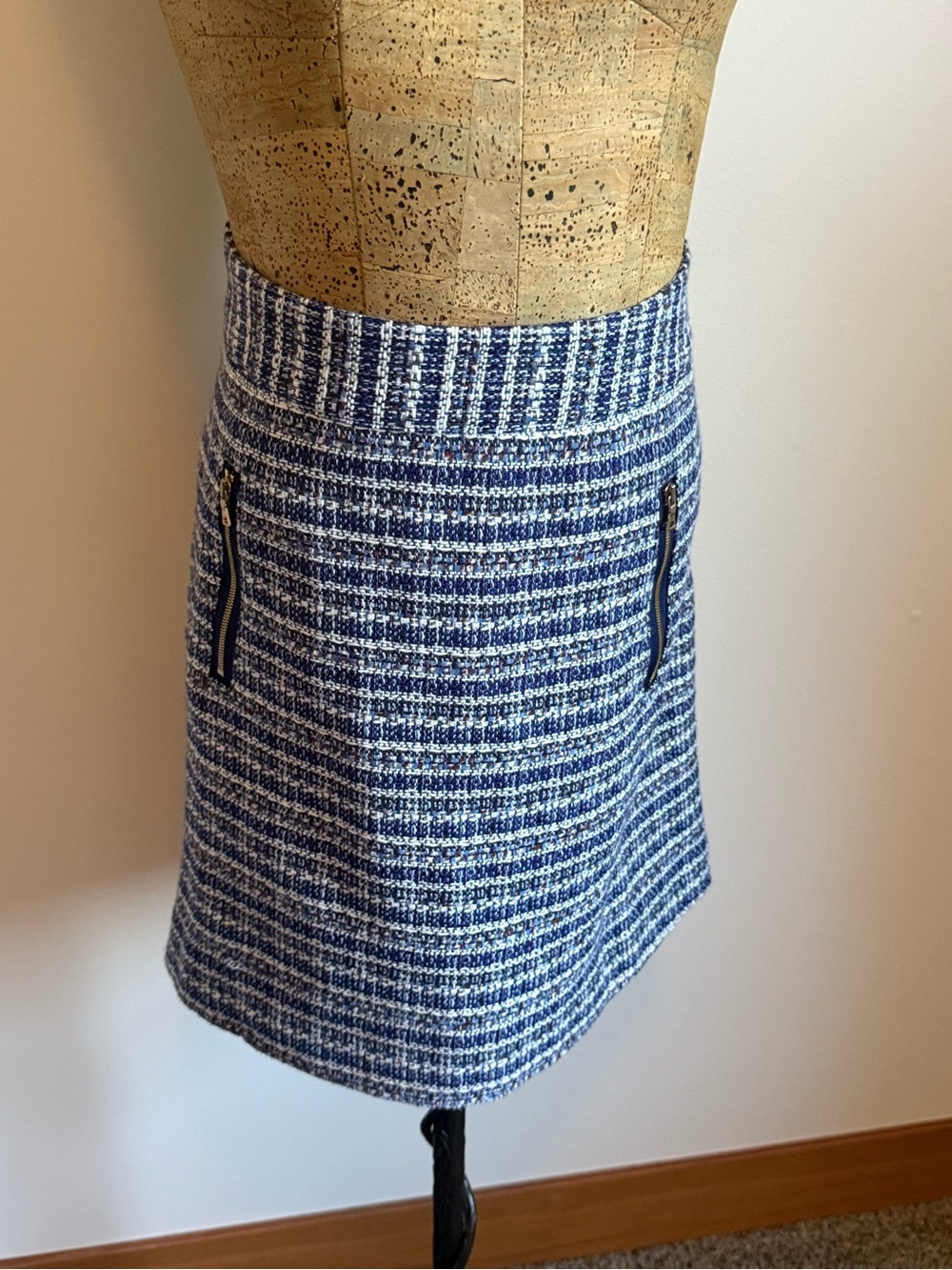 LOFT Blue and White Tweed Mini Skirt with Zip Accents